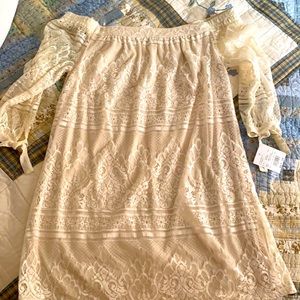 David’S Bridal off the shoulder lace midi dress!